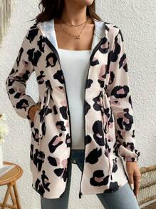 SHEIN Pregnant Women Casual Drawstring Hooded Leopard Print Jacket