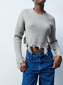 Maija Pullover grigio oversize da donna, a maniche lunghe, lasco, con scollo a ciambella, orlo sfilacciato e consumato, adatto per l'autunno/inverno