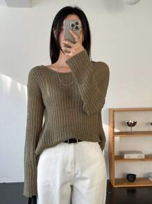 Dazy-Less 1 件女士纯色个性化针织毛衣，秋季服装商务休闲女士工作服 - 棕色 - 查看 6