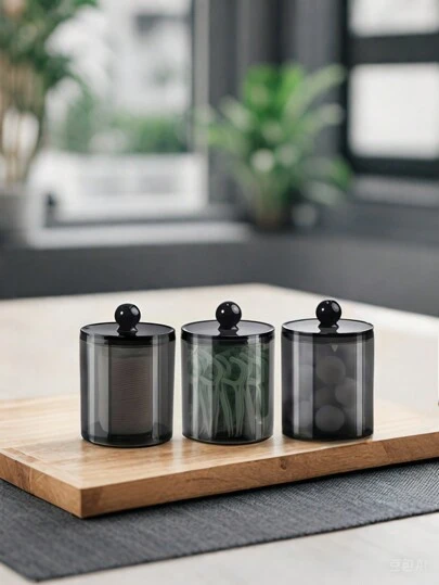 3-częściowy zestaw czarnych plastikowych patyczków higienicznych i uchwytów na wykałaczki | 10-uncjowy organizer łazienkowy na waciki, do przechowywania kosmetyków i wystroju domu