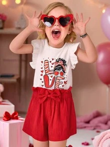 SHEIN 2 piezas Conjunto de verano para niña con diseño gráfico del Día de los Enamorados, camiseta de manga corta de cuello redondo y pantalones cortos rectos con cordón en la cintura, conjunto casual sencillo para uso diario