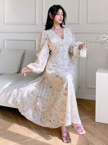 Modelyn 女士优雅蝴蝶印花灯笼袖连衣裙