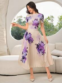 Modelyn 2pcs/Set Women Elegant Floral Print Short Sleeve Top And Pleated Skirt