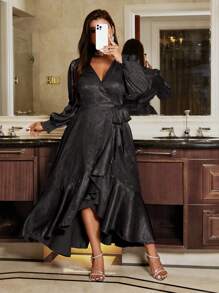 Viva Relle Plus Size Sexy Party Puff Sleeve Ruffle Criss Cross Tie Wrap Dress