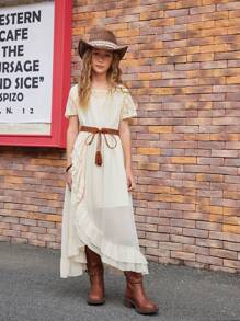 SHEIN Tween Girls Dresses, 2025 Spring/Summer New Collection, Soft Beige Color With Lace Trim On Sleeves & Neckline, Side Pleated Design Long Dress, Elegant & Comfy, Suitable For Summer Vacation, Daily Wear, Outings And Social Events - Apricot - View 4