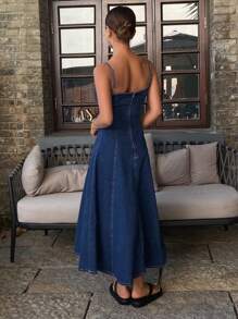 DAZY Vestido-mono casual de mezclilla con pliegues y largo vestido de tela vaporosa para mujer