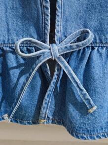 SHEIN LMoss Kids YK 时尚休闲蓝色牛仔布荷叶边下摆无袖蝴蝶结设计宽松舒适开衫牛仔上衣，柔软舒适，适合日常穿着，四季皆宜。 - 藍色 - 查看 5
