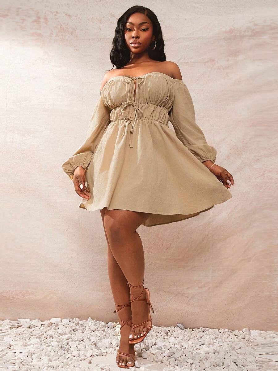 SHEIN SXY Plus Size Bohemian Solid Color Off Shoulder Long Sleeve Tie Front Casual Short Dress