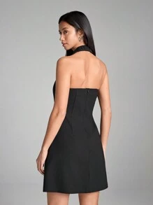 SHEIN EZwear Women's Summer Solid Color Short Simple And Elegant Halter Mini Dress - Black - View 2