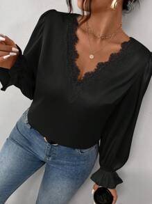 SHEIN Frenchy 大码女式缎面蕾丝拼接 V 领宽松休闲衬衫，适合办公室、通勤、派对和约会，秋冬季 - 黑色 - 查看 5