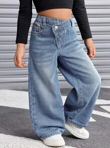 SHEIN 年轻女孩 Y2K 复古蓝色不对称腰部宽松牛仔裤，秋冬季，感恩节