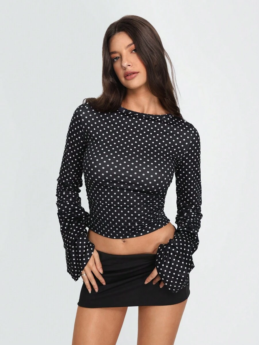 TRNVIE Polka Dot Print Ruched Flare Sleeve Long Sleeve T-Shirt, Fashion Fall Cloth For Women - Black - View 1