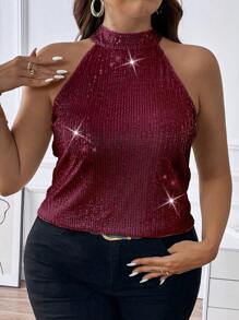 Allurite Plus Size Women Shiny Sequin Halter Neck Camisole