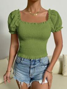 Chiquease Women's Solid Color Short Sleeve Casual Top, Minimalist Fashion For Everyday Wear - Green - View 5