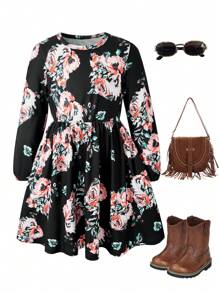 Young Girls Fashion Long Sleeve Floral Print Waist-Cinched Maxi Dress, Beach Dress - Multicolor - View 1