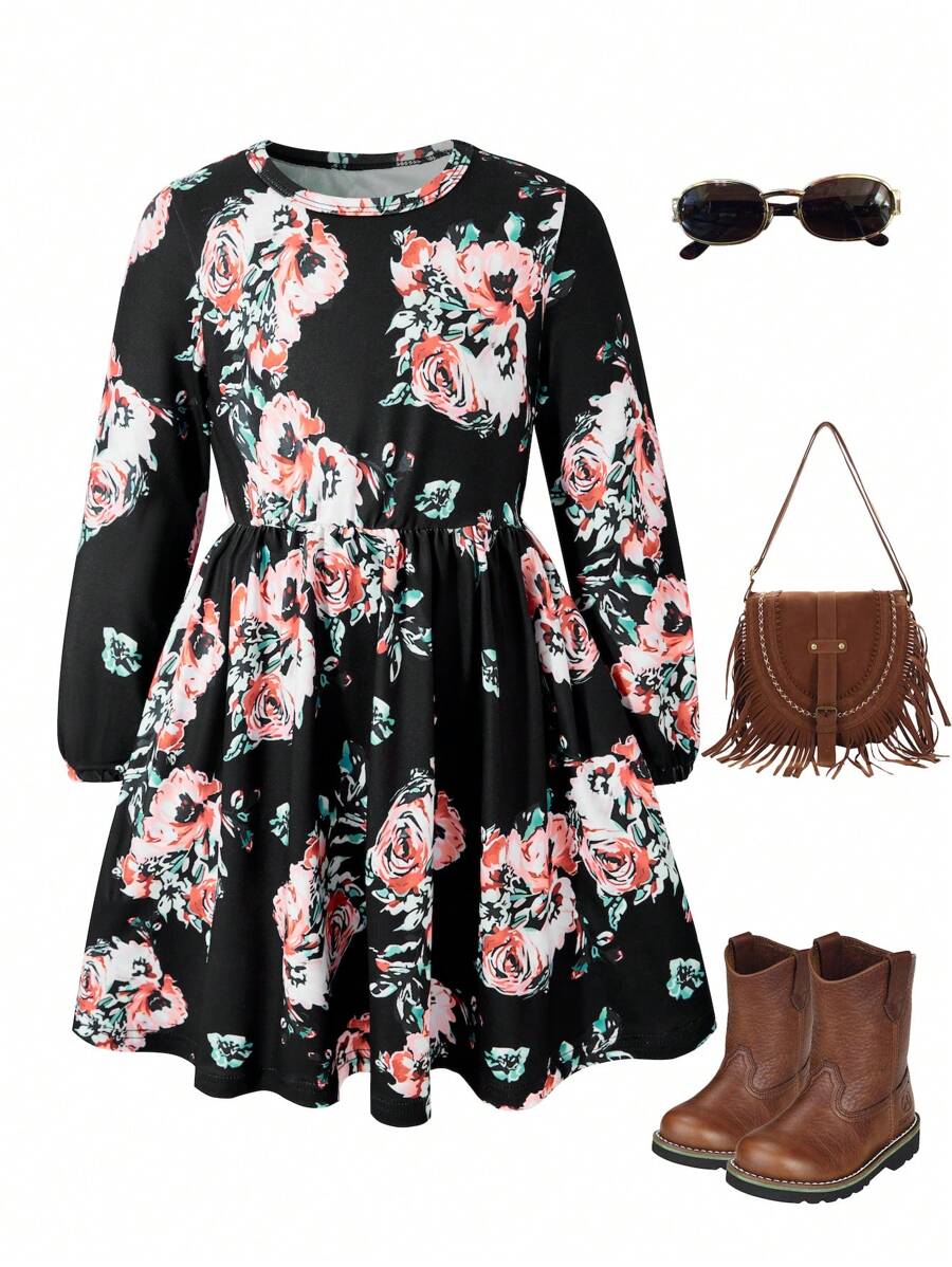 Young Girls Fashion Long Sleeve Floral Print Waist-Cinched Maxi Dress, Beach Dress - Multicolor - View 1