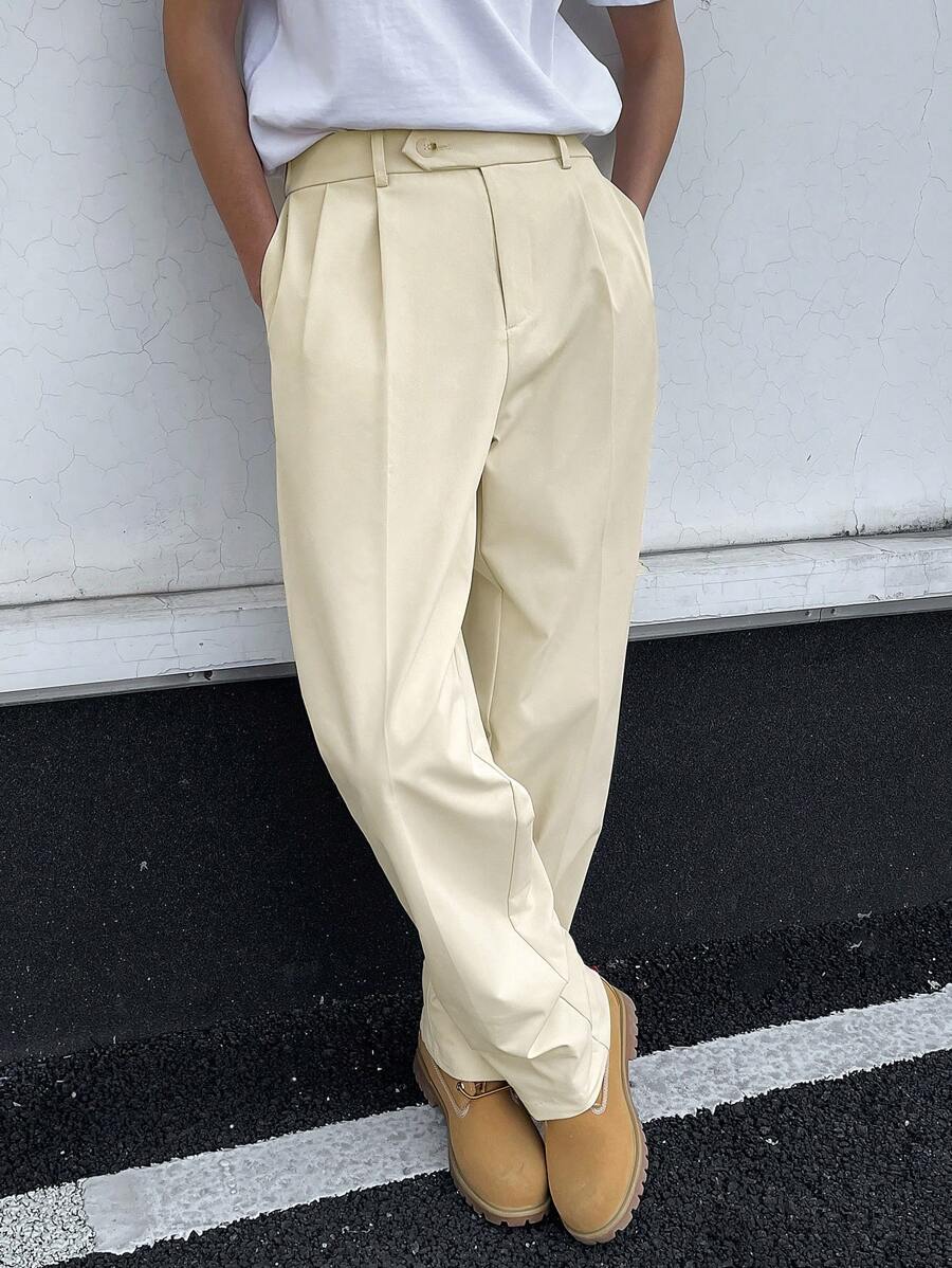 Manfinity Hypemode Vintage American Style Solid Color Loose Straight Leg Casual Pants, Flattering & Versatile - Beige - View 1