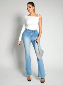 Zolique Femmes Top style couleur unie à col asymétrique, manches longues, taille courte et ajusté