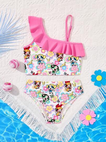 THE POWERPUFF GIRLS X SHEIN Conjunto de tankini para niña con estampado de flor, burbujas y ranúnculo, cuello asimétrico con volantes y diseño dulce
