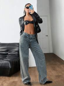 EURMUSE Low Waist Leopard Patch Straight Jean - Medium Wash - View 6