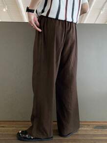 SHEIN X Scheana DAZY Men's Solid Color Textured Fabric Pants, Spring/Summer, Fall - Coffee Brown - View 2