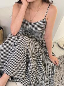 DAZY 女式吊带腰格子 A 字中长连衣裙，休闲女式连衣裙