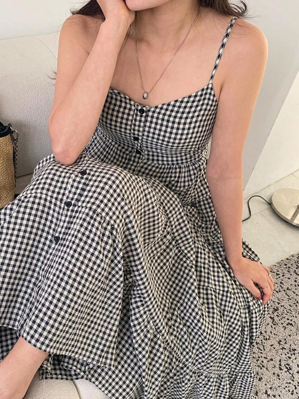 Women's Suspender Waist Plaid A-Line Midi Dress,Casual Women Dresses