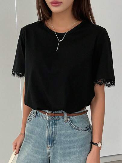 DAZY Women Contrast Lace Crew Neck Loose Short Sleeve T-Shirt, Casual Daily Wear Summer,Business Casual Women