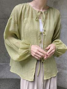 FRIFUL Damgrön lös, transparent blus/lätt sommarjacka med lång ärm - Grön - Visa 5