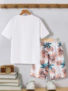 SHEIN Leap Crew Conjunto de 2 peças de camiseta e shorts com estampa tropical para meninos adolescentes; roupas de primavera; roupas para meninos adolescentes; jaquetas para meninos adolescentes, primavera de volta às aulas - Multicolorido - Ver 3