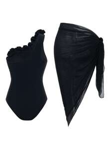 Swim Oasis Bộ đồ bơi cao cấp mùa hè Springbreak mới, màu trơn, họa tiết hoa 3D, cổ bất đối xứng và chân váy lưới đen. - màu đen - Xem 5