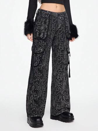 Grunge Punk Jeans casual da donna con dettaglio di motivo e tasche, design semplice, per uso quotidiano