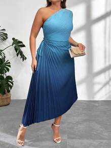Firerie Plus Size Elegant Ombre Pleated Asymmetrical Dress - Blue and White - View 6