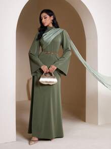 Veilorie Women Elegant Flowy Flared Sleeve Arabic Style Long Dress Modest