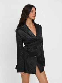 TRNVIE Solid Color Satin Textured Long A-Line Women's Suit Jacket