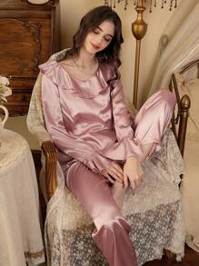 Côtesoire Ensemble de pyjama femme avec Top à manches longues avec volants en satin et pantalon
