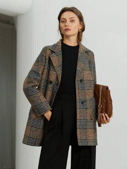 Aveloria Plaid Pattern Pocket Front Double Breasted Lapel Neck Overcoat Workwear  Fall Winter Cloth For Women