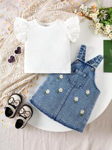 SHEIN 2pcs Baby Girls White Ribbed Top + Blue Jean Embroidered Suspender Dress With Pockets, Suitable For Outdoor