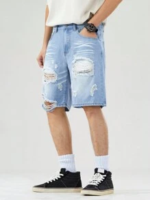 Manfinity Hypemode Men's Loose Casual Bermuda Distressed Denim Shorts With Pockets
