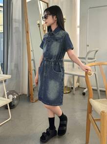 DAZY Tween Girl Denim Collared Short Sleeve Dress - Blue - View 8
