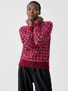 Chiquease Casual Colorful Plaid Pattern Knit Sweater, Autumn/Winter Knit Pullover Fall Sweater - Burgundy - View 5