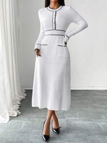 SHEIN Clasi 女士优雅收腰圆领长袖毛衣连衣裙 - 白色 - 查看 5