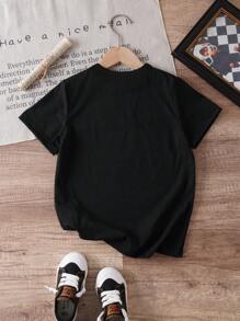 SHEIN Playful Pals 女宝宝休闲时尚彩色渐变字母标语图案印花短袖 T 恤 - 黑色 - 查看 2