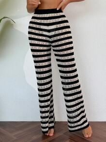 Beach Vacation: Black & Beige Ombre Hollow Out Knit Flared Hem Elastic Waist Beach Cover Up Pants For Summer Beach Vacation - Multicolor - View 3