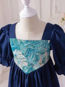 SHEIN Leap Crew Young Girl's Spring/Summer Ramandan Style Matching Family Vacation, Elegant Ditsy Floral Jacquard Splice Puff Sleeve Dress, Ruffled Hem,Cute & Elegant, Flower Girl Dress, Mom And Daughter & Sisters Matching. - Pink - View 3