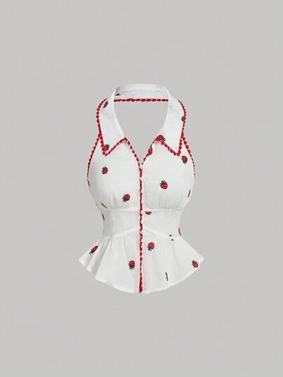 SHEIN MOD Romantic & Cute Pastoral Style Women's Blouse With Collar, Ruffle Details, Contrast Floral Trim, Suitable For Holidays, Picnics, Dates,Valentines Clothes,Heart,Beach Outfits For Woman,Rave Outfits Festival