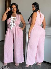 Flirla Plus Size Romantic Heart Jacquard V-Neck Tied Front Sleeveless Jumpsuit For Women, Valentine's Theme - Pink - View 4