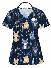 PopScrub Cartoon Rabbit Print Short Sleeve Scrub Top,Nurses Uniform T-Shirt Set Scrub Set Nurse Dresses Scrub Tops Scrub Bottoms Lab Coats Scrub Outwear - Blue - View 2