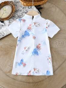 Baby Girls Spring And Summer Chinese Style Landscape Painting Pattern Woven Mandarin Collar Hanfu A-Silhouette Cheongsam Dress