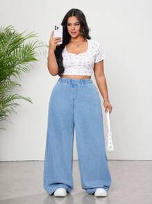 SHEIN CURVE+ 女式大码浅蓝色牛仔裤松紧腰带轻质牛仔面料舒适轻质牛仔裤清爽蓝色夏季修身裤直筒牛仔裤 - 淺色水洗藍 - 查看 4